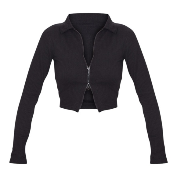 Black Jumbo Rib Collar Double Zip Top - Picture 1 of 5